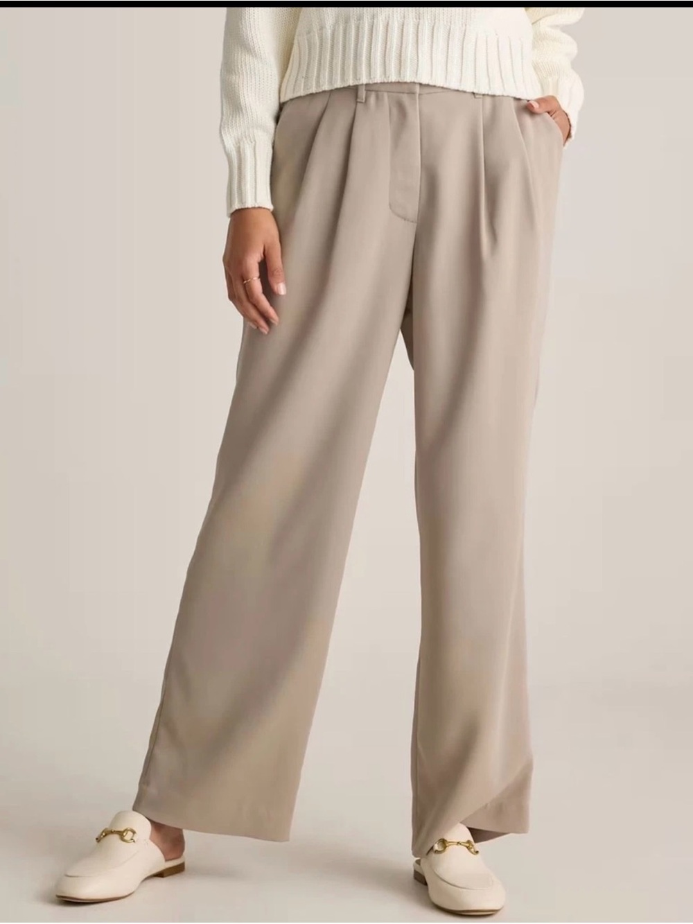 NWT Quince Wide Leg Stretch Crepe Pleated Pants Morel Beige Gray Size 8 Work